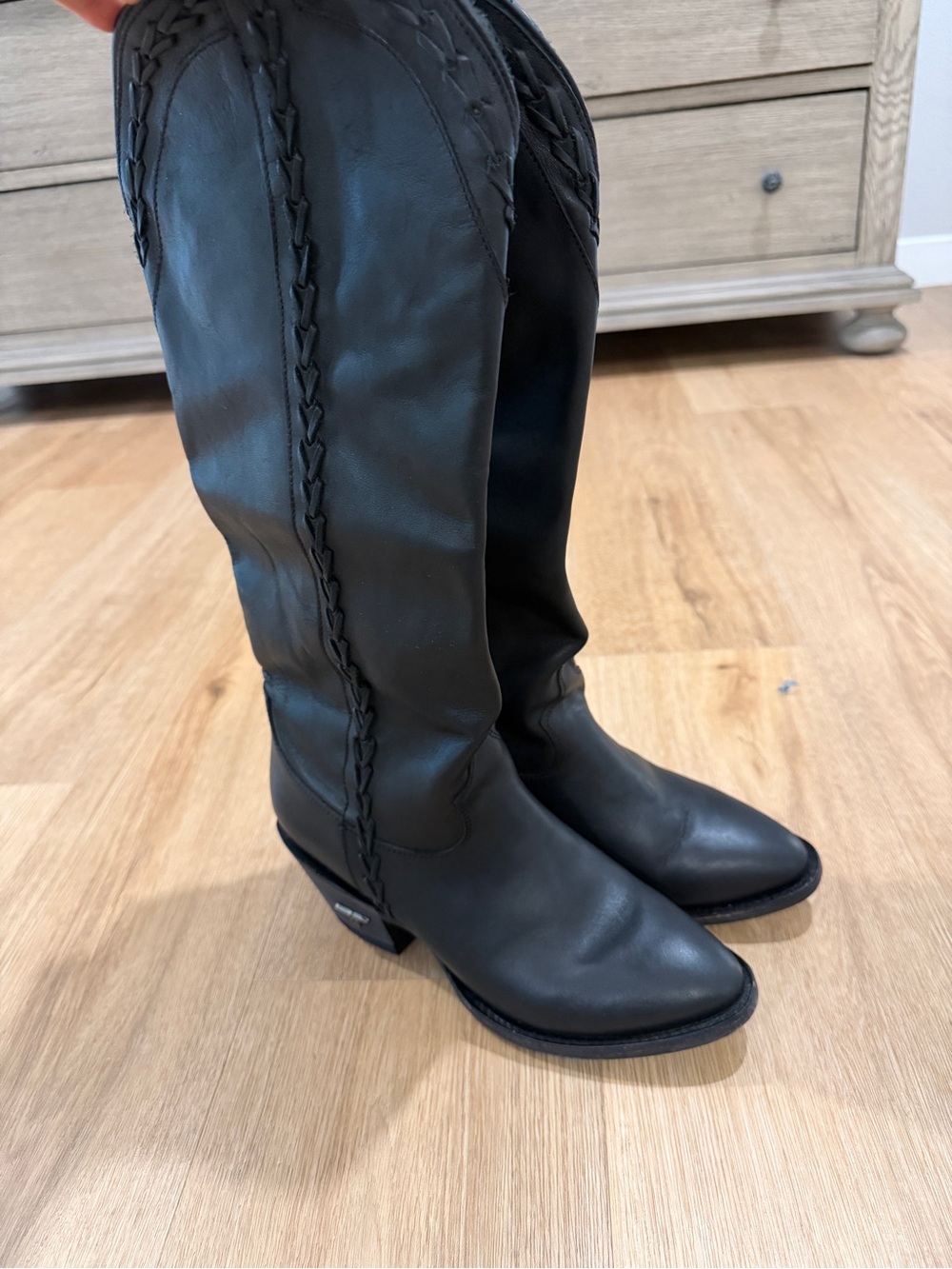 Braided Detail Black Knee-High Heeled Women’s Boots